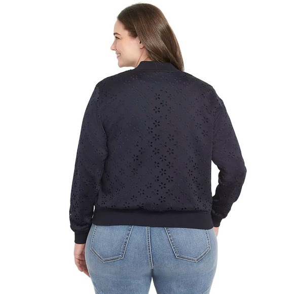 Lane Bryant Plus Size Navy Blue Floral Eyelet Front Zip Bomber Jacket 1X - Picture 2 of 9